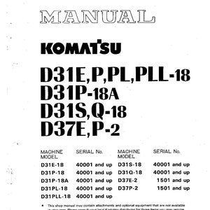 Komatsu Bulldozer Shop Manual: D31E-18, D37P-2 Models (PDF Download)