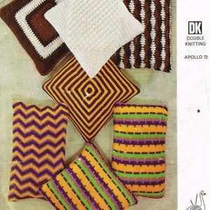 8 Designs Knitted Cushion Covers PDF Pattern Bundle 1970s Vintage Textured Ripple Cushion Domino Pillow Square Rectangular Instant Download