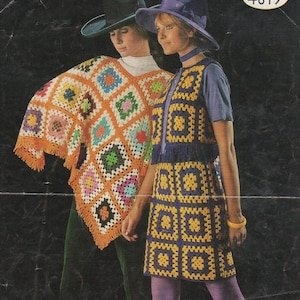 Granny Squares Crochet 1970s Patterns Bundle Poncho Dress Skirt Scarf Hats Bedspread Instruction Tutorial PDF Vintage Boho Instant Download