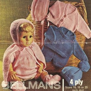 6 piece Doll 16 18 20" Inch Pramset Knitted Patterns 4 ply Knit Sweater Cardigan Cape Knit Vintage Bellmans Fashion Instant Download