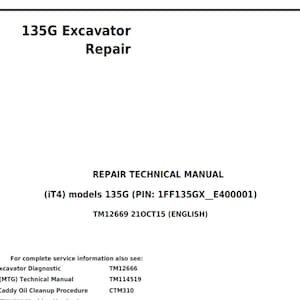 John Deere 135G Excavator Repair Technical Manual TM12669 PDF