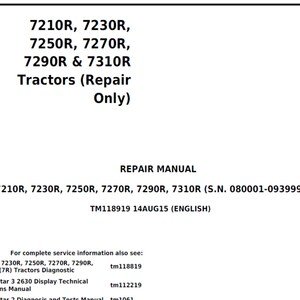 John Deere 7210R 7230R 7250R 7270R 7290R 7310R Tractors  Repair Technical Manual TM118919 PDF