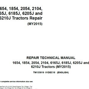 John Deere 1654 1854 2054 2104 6165J 6185J 6205J and 6210J Tractors Repair Technical Manual TM135819 PDF 1