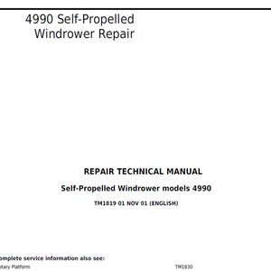 John Deere 4990 Self-Propelled Windrower Repair Technical Manual & Diagnosis Tests Manual TM1819 TM1820 PDF Digital Download