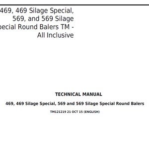 John Deere 469s 569s Silage Special, 469 569 Round Balers Repair Technical Manual TM121219 PDF Digital Download