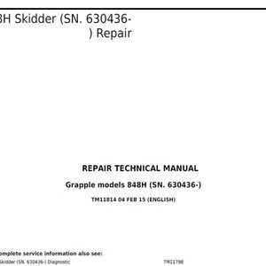 John Deere 848H Skidder (SN 630436- ) Repair Technical Manual TM11814 PDF Digital Download