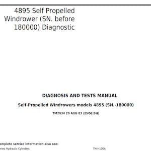 John Deere 4895 Self Propelled Windrower (SN before 180000) Diagnostic and Test Manual TM2034 PDF Digital Download