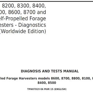 John Deere 8100 8200 8300 8400 8500 8600 8700 8800 Self-Propelled Forage Harvesters (Worldwide Edition) Diagnostics Test Manual TM407019 PDF