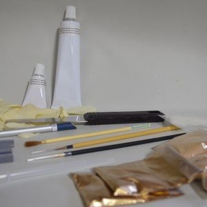 Kintsugi materials set, real lacquer, silver, English manual with some  French language sections to pdf manual,  professional quality